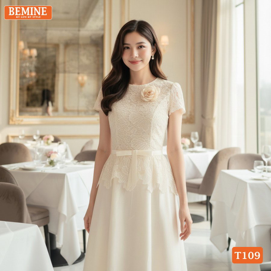 mẫu đầm thiết kế cao cấp bemine cổ tròn phối ren đi tiệc t109 là sự kết hợp hoàn hảo giữa nét cổ điển và hiện đại