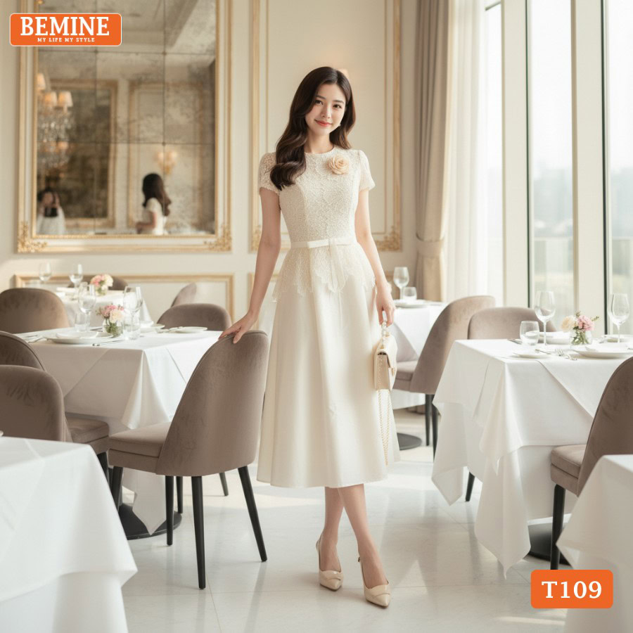 Người mẫu diện đầm BEMINE T109 dáng dài đi làm và dự sự kiện.