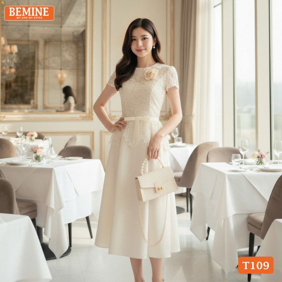 Chi tiết ren hoa giả set trên mẫu đầm thiết kế BEMINE T109 hiện đại.