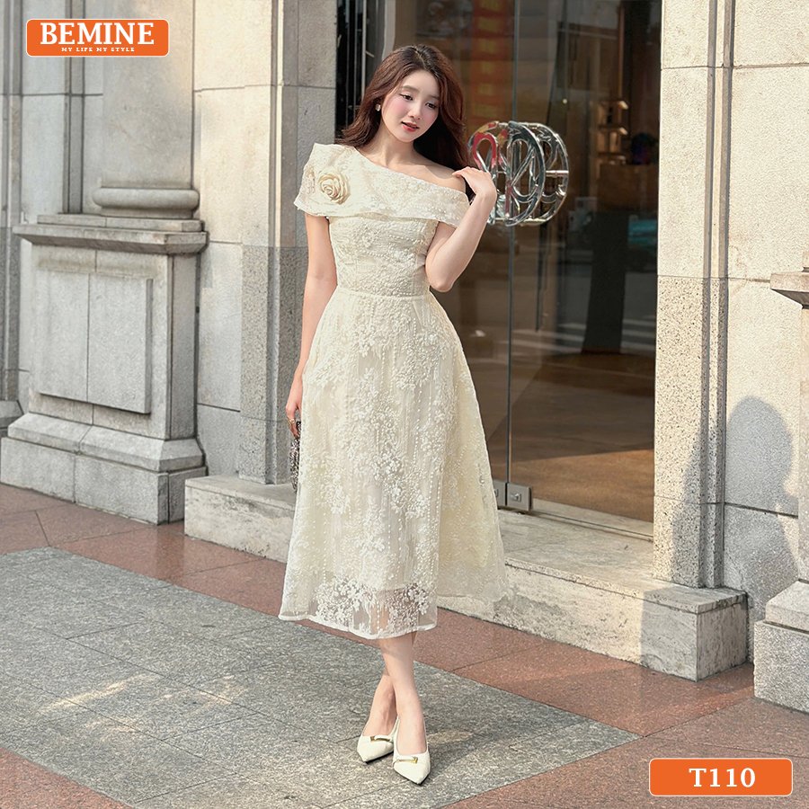 Đầm ren dự tiệc dáng xòe BEMINE duyên dáng che khuyết điểm. Phù hợp với các buổi tiệc cưới lãng mạn.