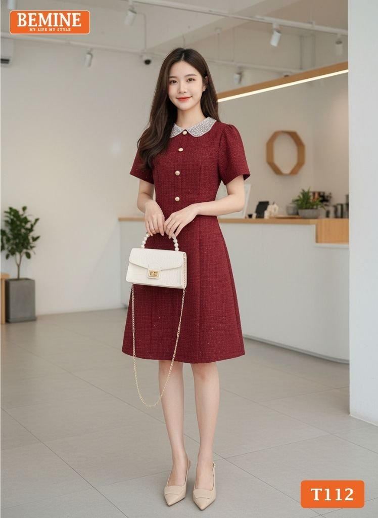 Chi tiết cổ sen đính đá tinh tế trên mẫu đầm BEMINE T112.