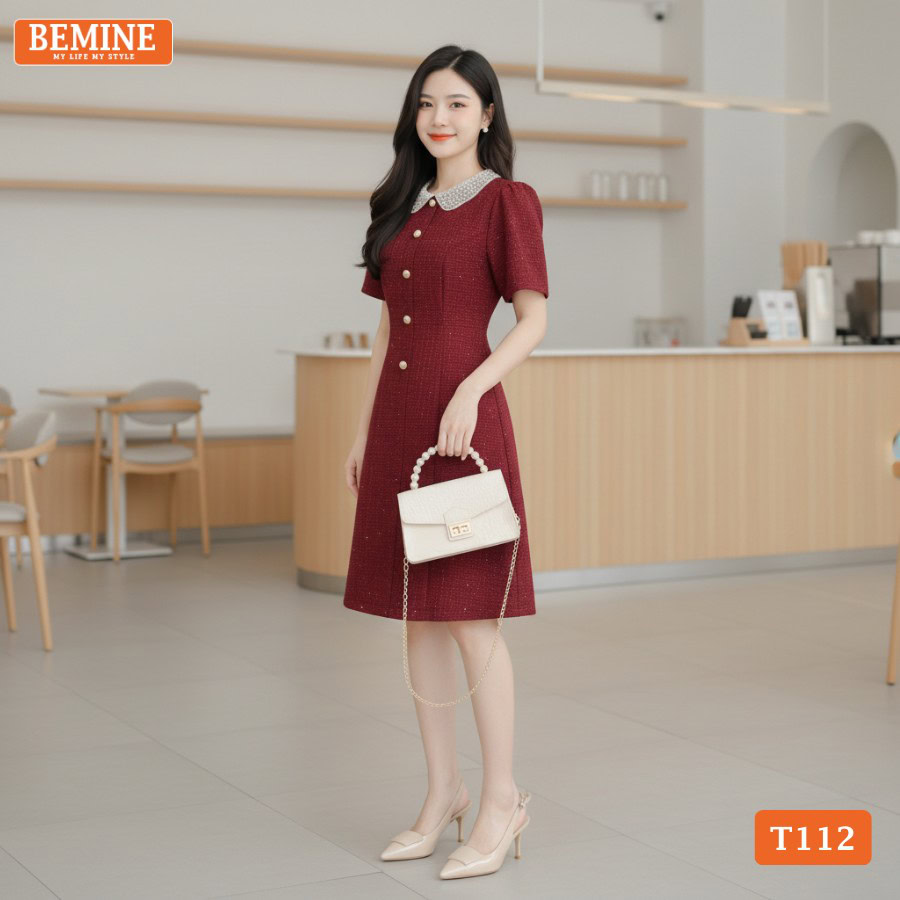 Đầm thiết kế cao cấp BEMINE T112 cổ sen đính đá.