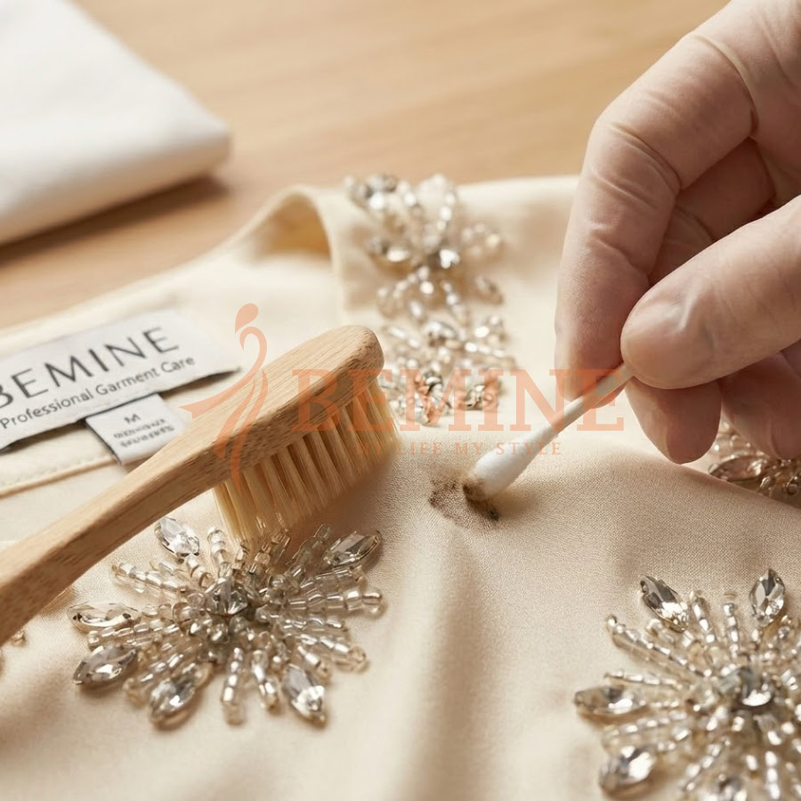 Cách giặt áo đính đá: Dùng tăm bông xử lý vết bẩn trên Đầm BEMINE. Tránh chà trực tiếp lên các chi tiết đá để bảo vệ trang phục.