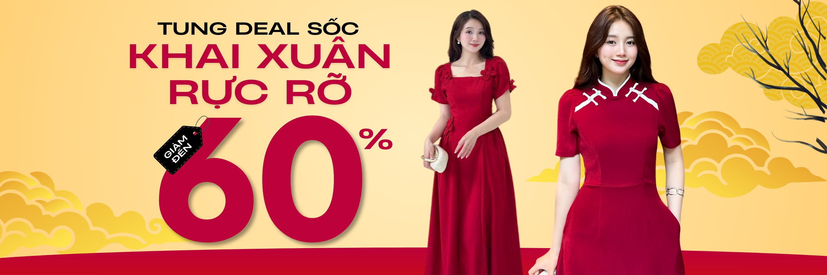 Người mẫu mặc đầm đỏ may mắn bộ sưu tập Tết 2026 Bemine