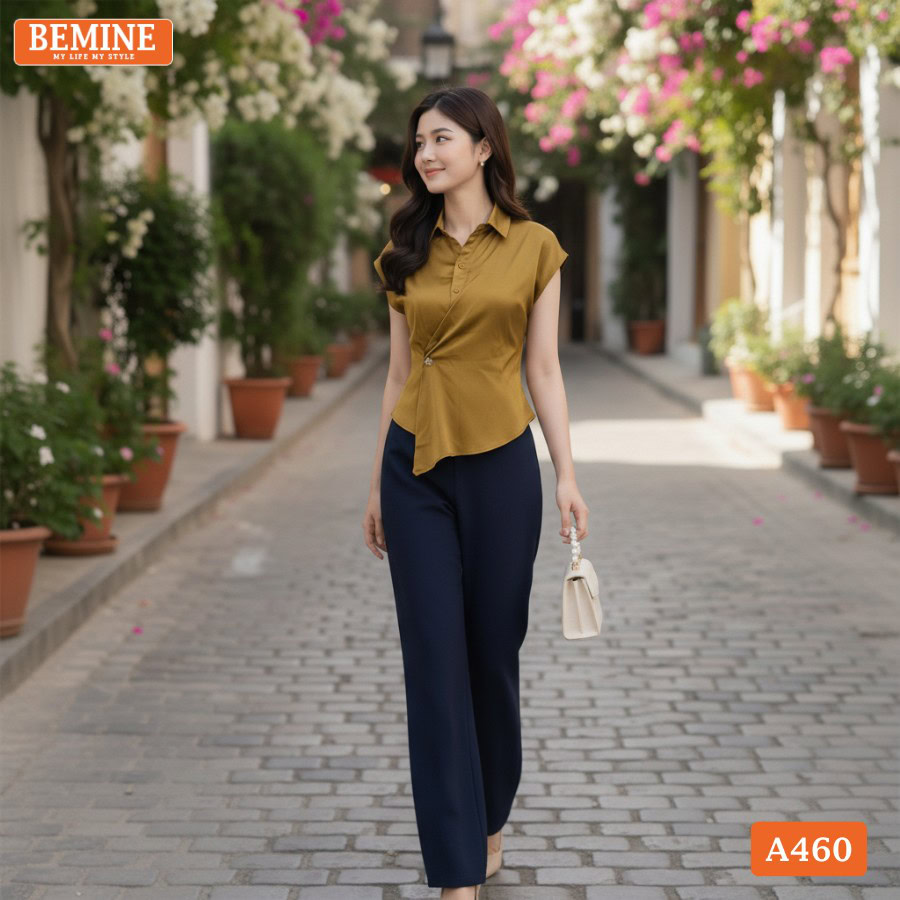 Ảnh chụp chi tiết vạt đắp chéo độc đáo của áo BEMINE A460.