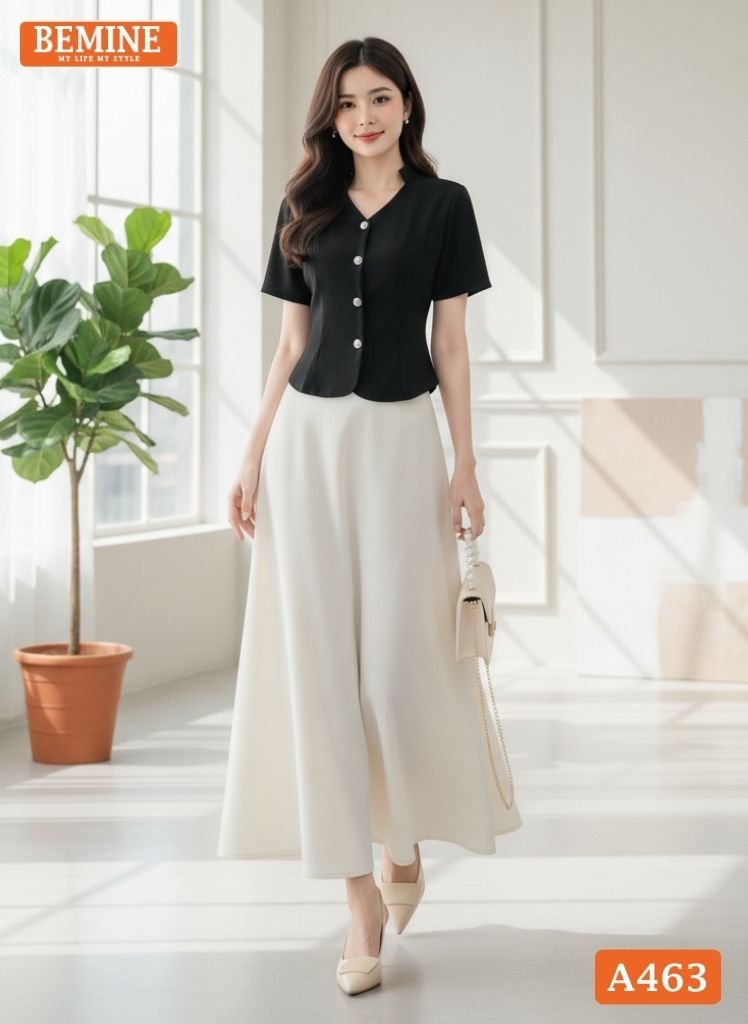 Cận cảnh đường may và phụ liệu cúc trên áo thiết kế A463.