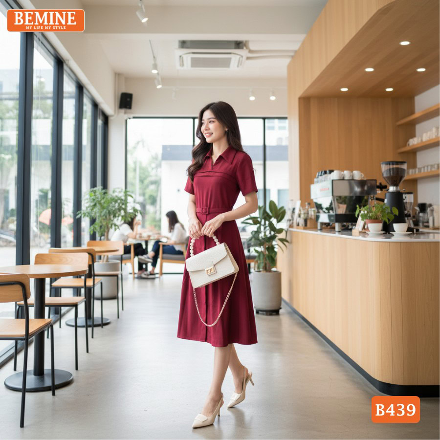 Mẫu đầm công sở BEMINE B439 có đai eo tôn dáng.