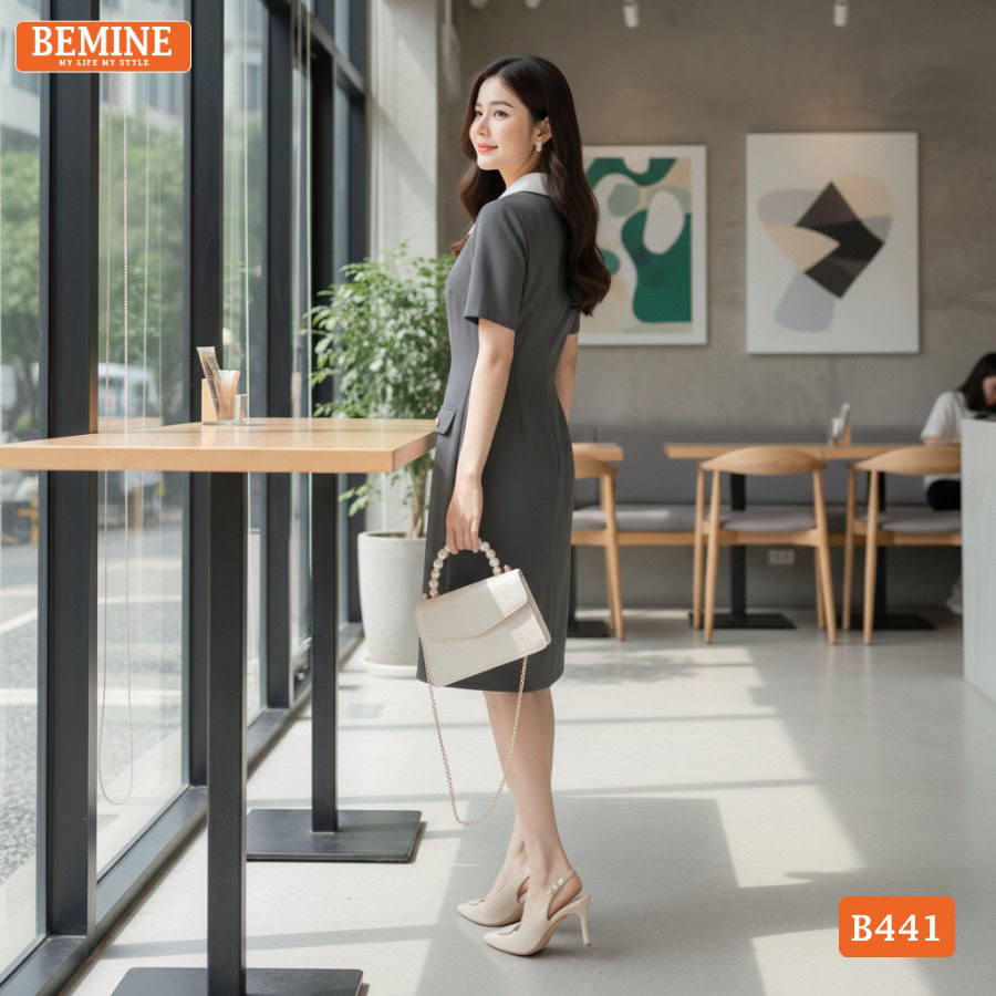 Đầm Thiết Kế BEMINE Dáng Chữ A Cổ Sơ Mi Phối B441 3 Đầm BEMINE B441 dáng chữ A phù hợp môi trường công sở.