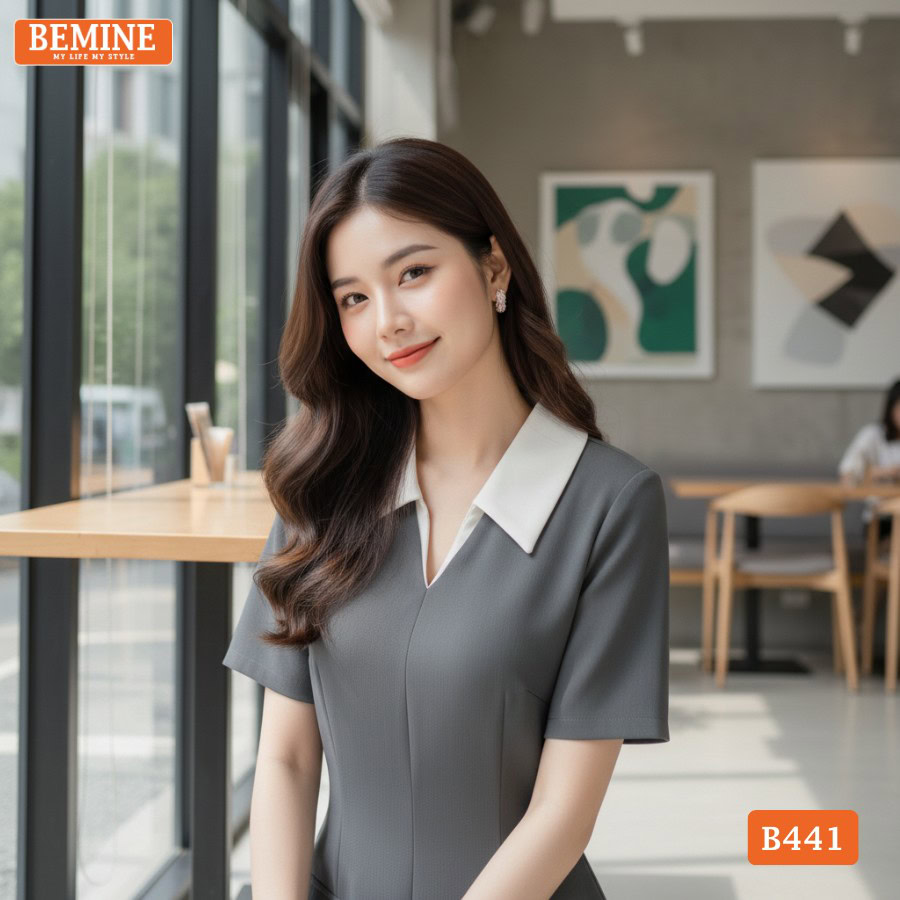 Đầm Thiết Kế BEMINE Dáng Chữ A Cổ Sơ Mi Phối B441 1 Đầm Thiết Kế BEMINE Dáng Chữ A Cổ Sơ Mi Phối B441