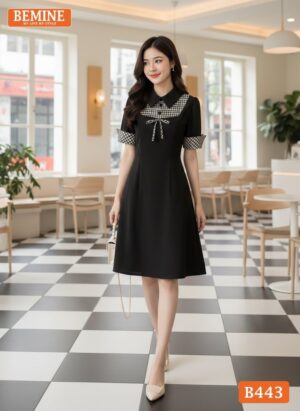 Thiết kế đầm chữ A cổ đức phối caro thương hiệu BEMINE mã B443.