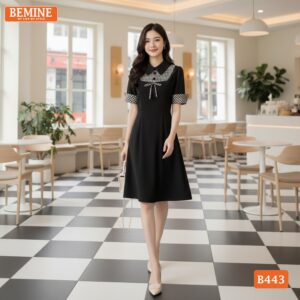 Ảnh chụp toàn thân đầm thiết kế BEMINE B443 phối caro.