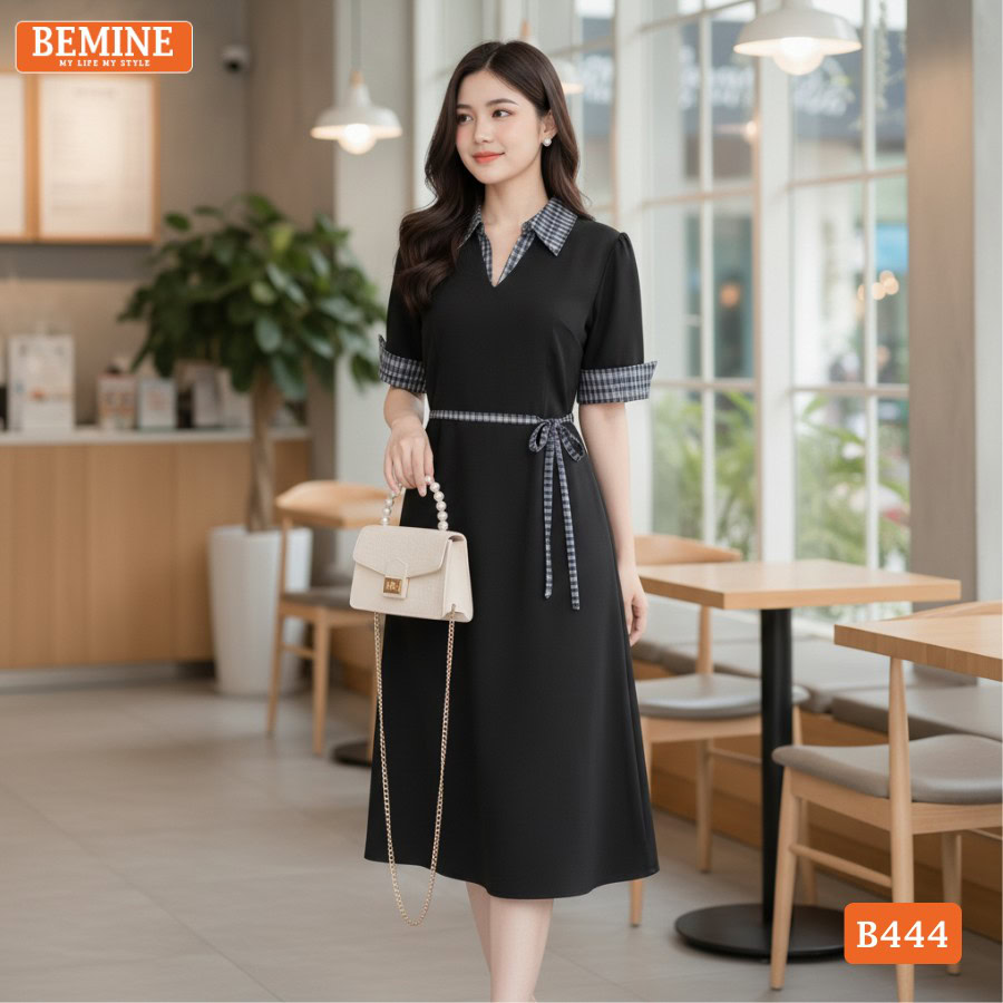 Đầm Thiết Kế BEMINE Dáng Chữ A Cổ Sơ Mi Phối Caro B444 1 Chi tiết phối caro tinh tế trên mẫu đầm thiết kế BEMINE B444.