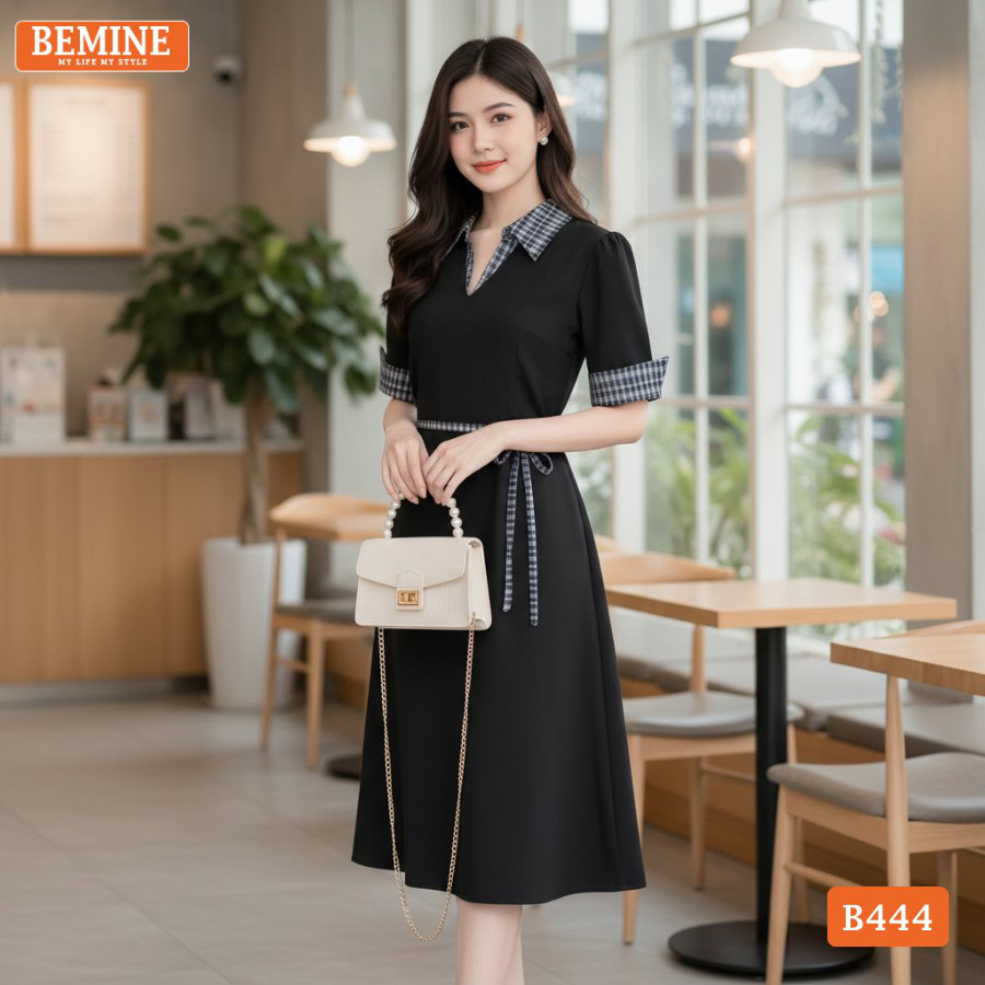 Đầm Thiết Kế BEMINE Dáng Chữ A Cổ Sơ Mi Phối Caro B444 3 Thiết kế đầm chữ A cổ sơ mi phối caro thương hiệu BEMINE mã B444.