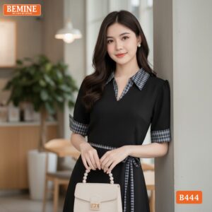Ảnh chụp toàn thân đầm thiết kế BEMINE B444 phối caro.