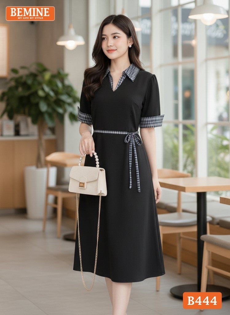 Đầm thiết kế BEMINE B444 cổ sơ mi phối caro thanh lịch.