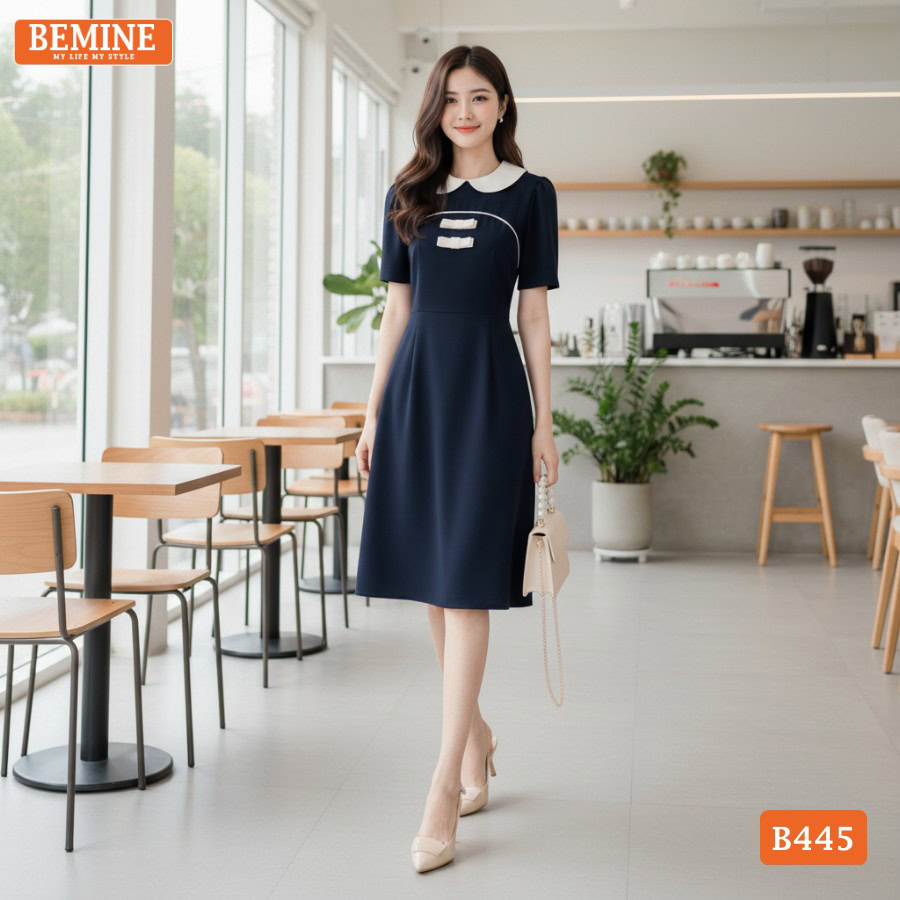 Đầm Thiết Kế BEMINE Dáng Chữ A Cổ Sen Đính Nơ B445 2 Chi tiết cổ sen đính nơ tinh tế trên mẫu đầm BEMINE B445.
