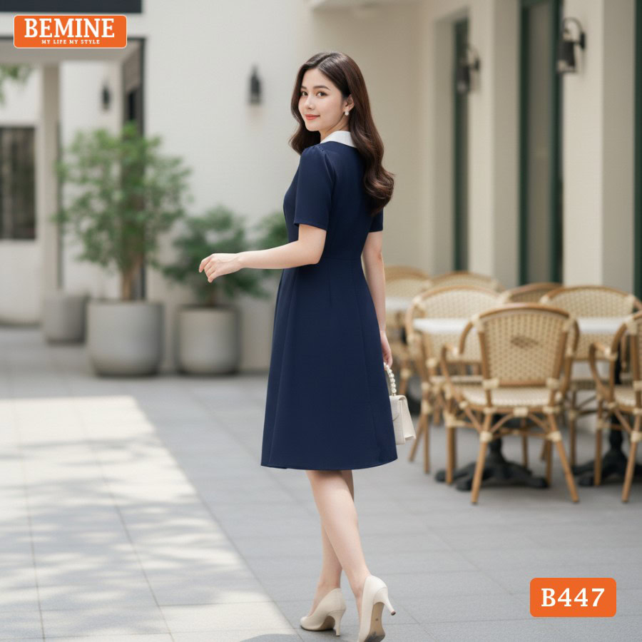 Đầm thiết kế BEMINE B447 cổ đức xỏ dây thanh lịch.