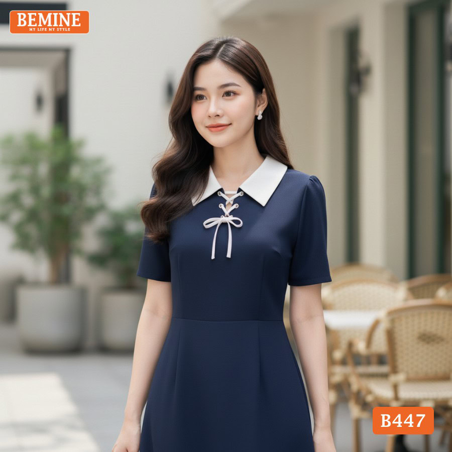 Đầm Thiết Kế BEMINE Dáng Chữ A Cổ Đức Xỏ Dây B447 Thanh Lịch
