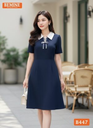 Đầm Thiết Kế BEMINE Dáng Chữ A Cổ Đức Xỏ Dây B447 hình ảnh