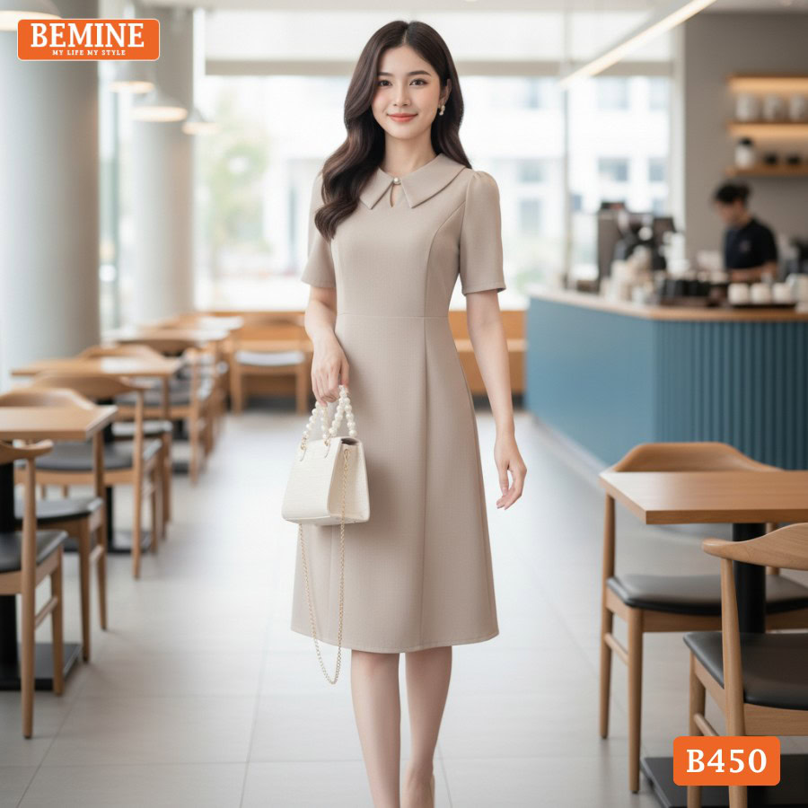 Đầm Thiết Kế BEMINE Dáng Chữ A Cổ Sơ Mi Giọt Nước B450 1 Thiết kế đầm chữ A xẻ giọt nước thương hiệu BEMINE mã B450.