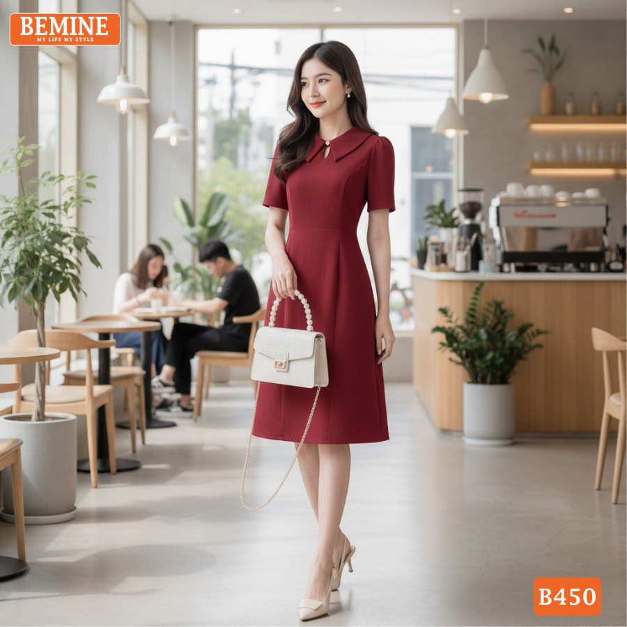 Đầm BEMINE B450 màu đỏ tôn da và tôn dáng hiệu quả.
