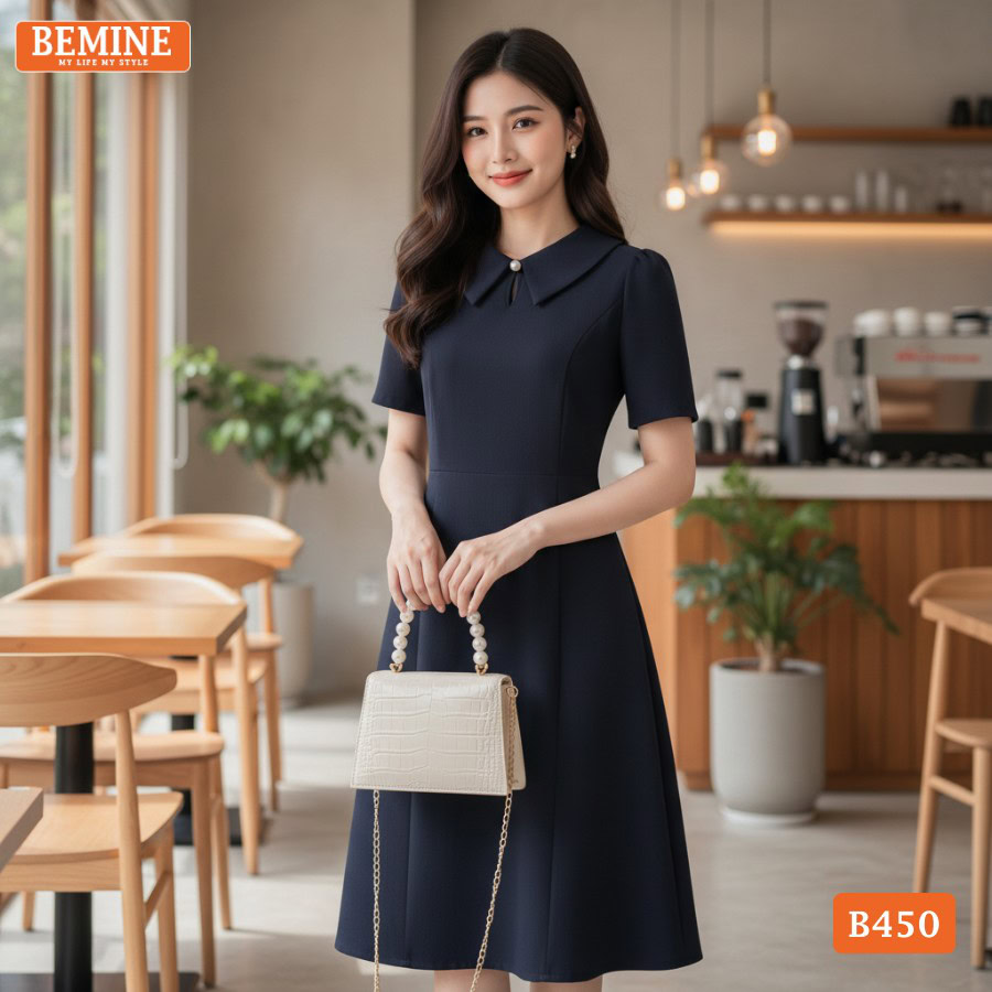 Đầm Thiết Kế BEMINE Dáng Chữ A Cổ Sơ Mi Giọt Nước B450 5 Đầm thiết kế BEMINE B450 màu đen phù hợp đi làm và gặp đối tác.