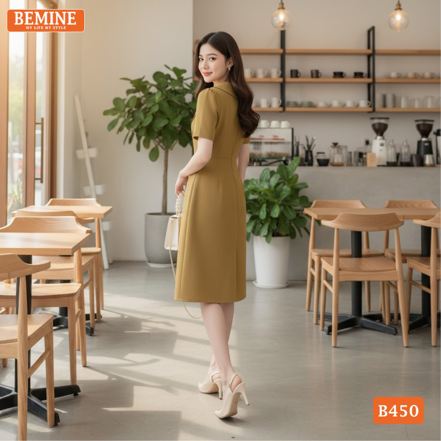 Đầm BEMINE B450 màu vàng tôn da và tôn dáng hiệu quả.