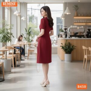 Ảnh chụp toàn thân đầm thiết kế BEMINE B450 màu đỏ công sở.