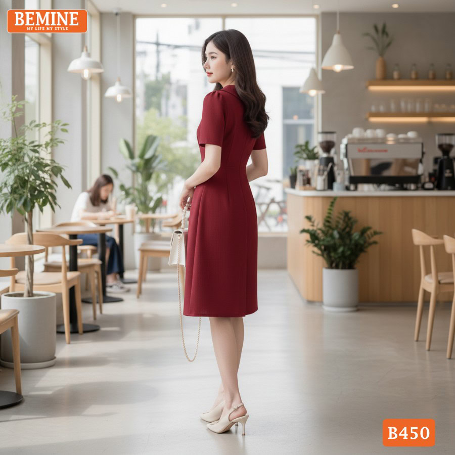 Ảnh chụp toàn thân đầm thiết kế BEMINE B450 màu đỏ công sở.