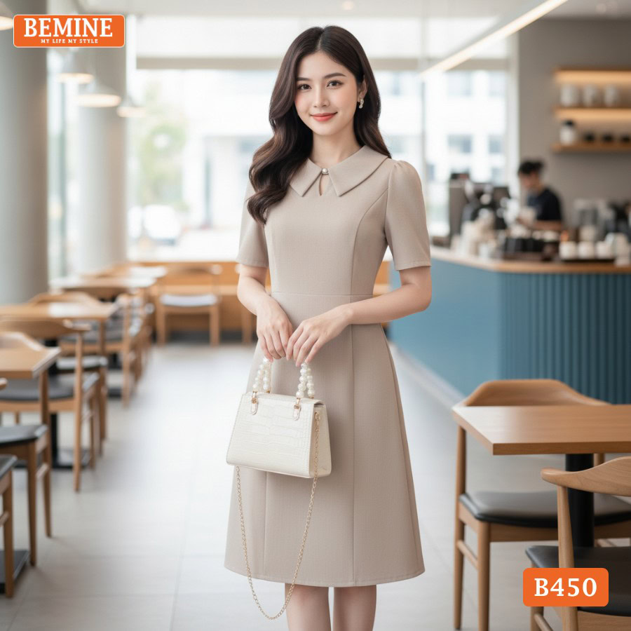 Mẫu đầm công sở BEMINE B450 xẻ giọt nước dáng chữ A.