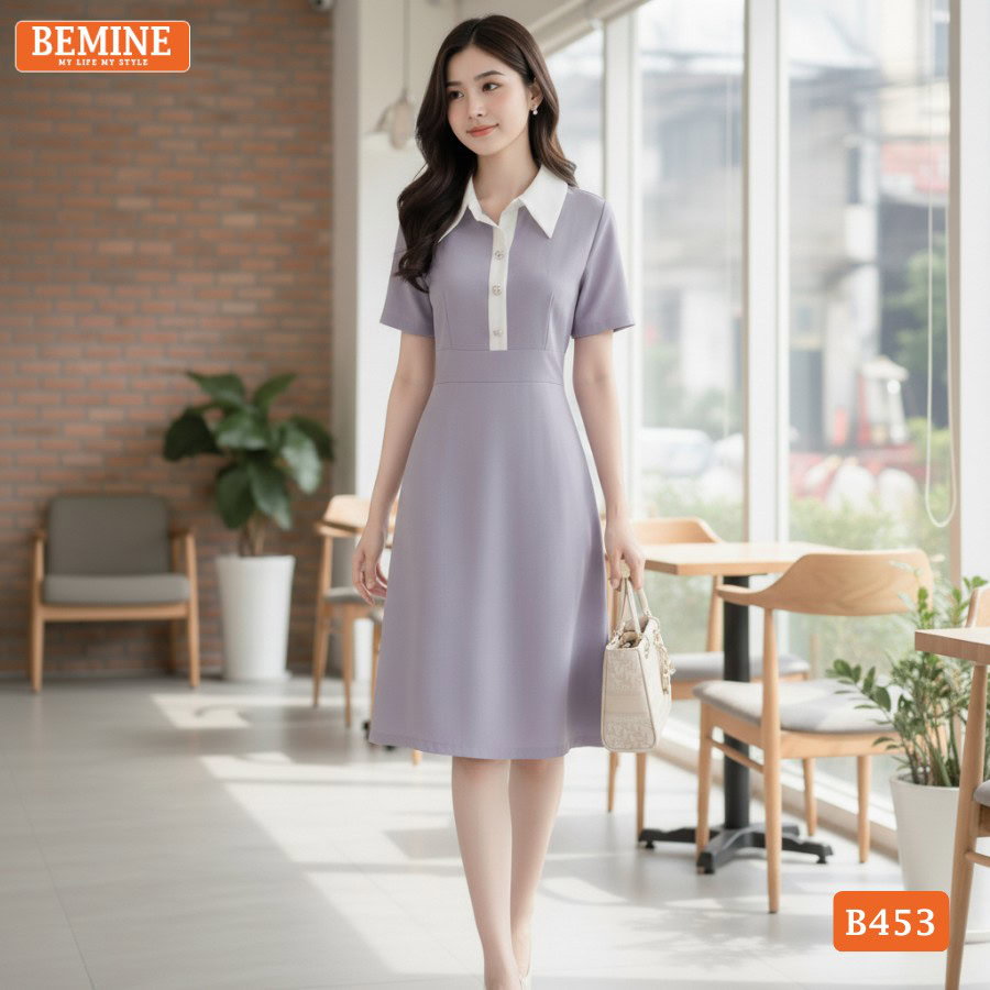 Người mẫu diện đầm BEMINE B453 đi làm chuyên nghiệp và trẻ trung.