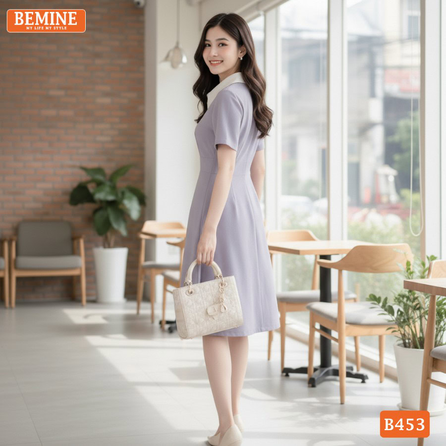 Đầm Thiết Kế BEMINE Dáng Chữ A Cổ Sơ Mi Phối Cúc B453 3 Đầm thiết kế BEMINE B453 phong cách hiện đại phù hợp đi làm.