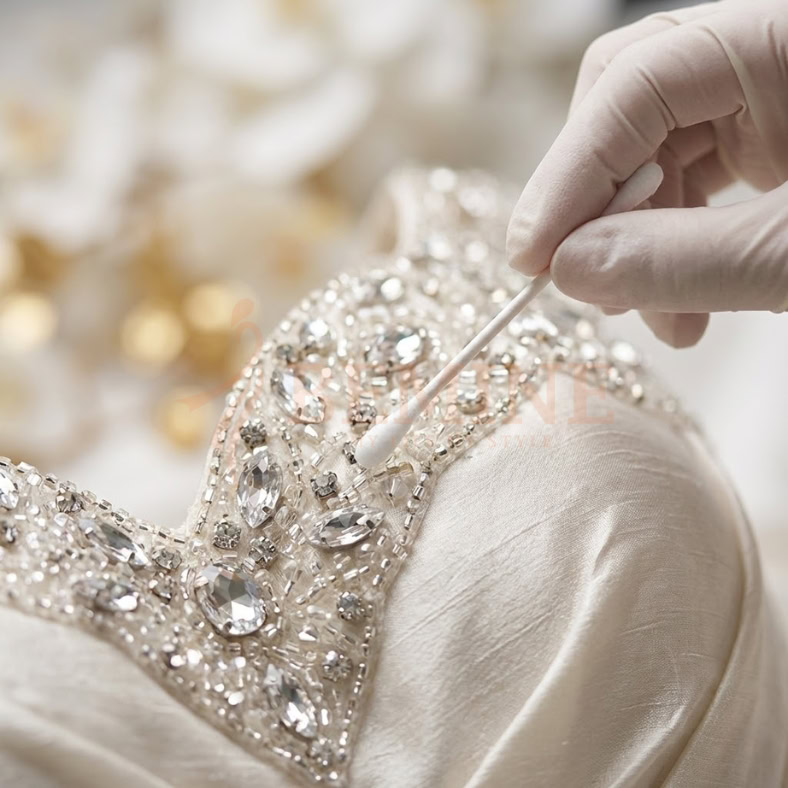 dùng tăm bông nhúng vào cồn loãng (nước lau kính hoặc dung dịch vệ sinh kính chuyên dụng cũng được) và lau nhẹ nhàng từng viên đá