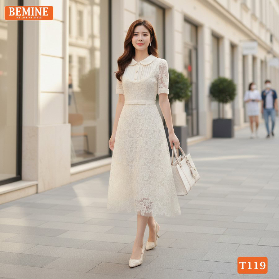 Chi tiết phối ren hoa giả trên mẫu đầm thiết kế BEMINE T119.
