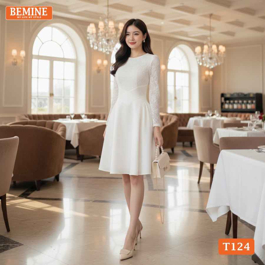 Đầm Thiết Kế Đi Tiệc Cao Cấp BEMINE Dáng Chữ A Cổ Tròn Tay Dài Phối Ren T124 4 Mẫu đầm đi tiệc BEMINE T124 tay dài thanh lịch và quý phái.