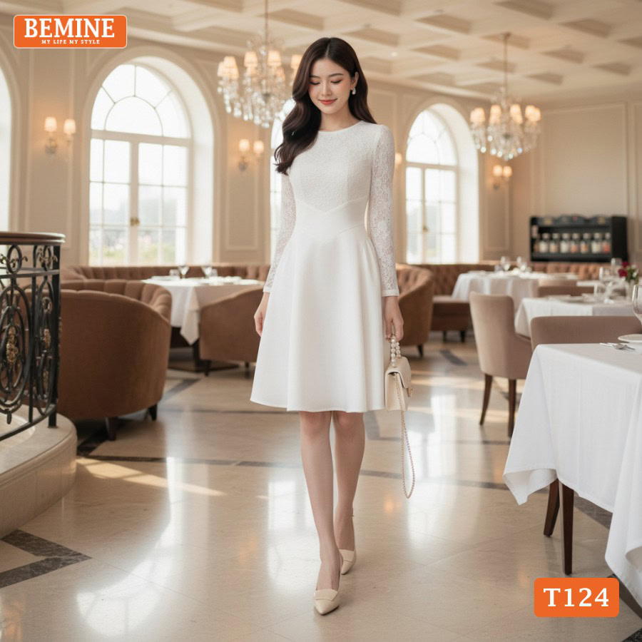 Ảnh chụp toàn thân đầm thiết kế BEMINE T124 màu sắc nhã nhặn.
