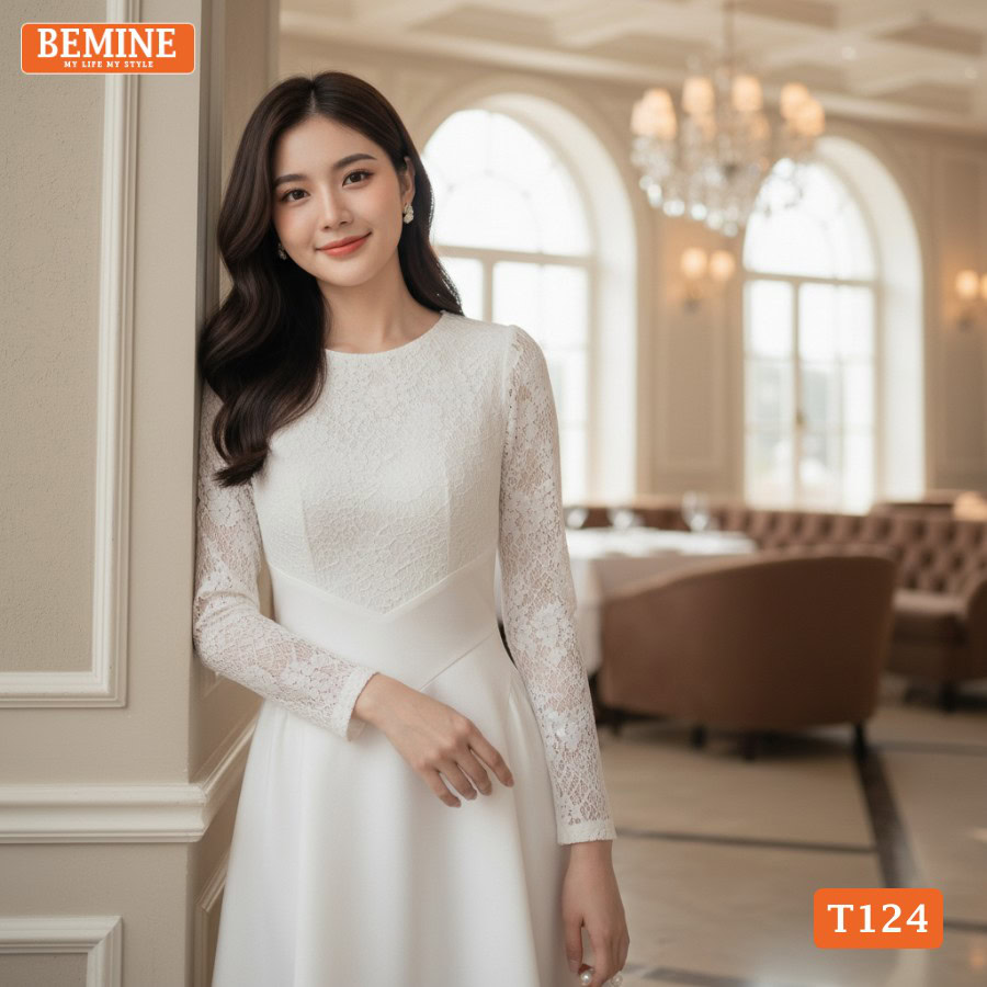 Đầm Thiết Kế Đi Tiệc Cao Cấp BEMINE Dáng Chữ A Cổ Tròn Tay Dài Phối Ren T124 2 Cận cảnh chất liệu vải cao cấp của mẫu đầm BEMINE T124.