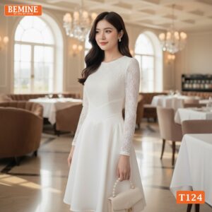 Chi tiết phối ren cách điệu trên mẫu đầm thiết kế BEMINE T124.