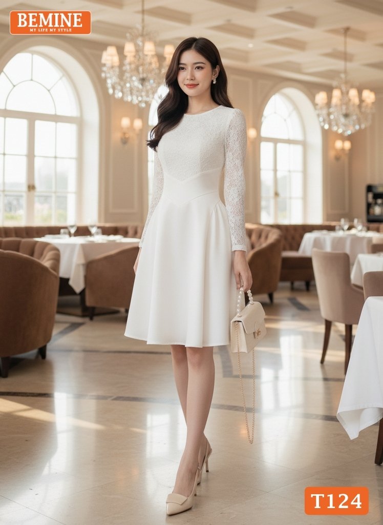 Phong cách thời trang đẳng cấp với đầm BEMINE T124 phối ren.