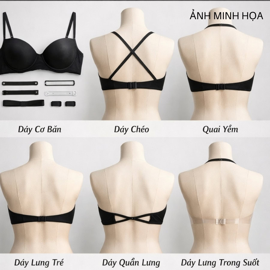 Áo lót dây đeo đa năng màu đen. Cách biến đổi dây. Linh hoạt cho trang phục hở lưng.