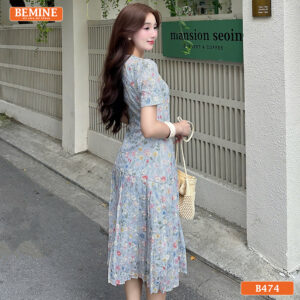 Mẫu đầm công sở BEMINE B474 dáng chữ A xếp ly tôn dáng.