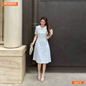 Đầm Thiết Kế BEMINE Chữ A Cổ Thủy Thủ Họa Tiết Nơ B475