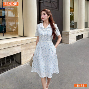 Đầm Thiết Kế BEMINE Chữ A Cổ Thủy Thủ Họa Tiết Nơ B475