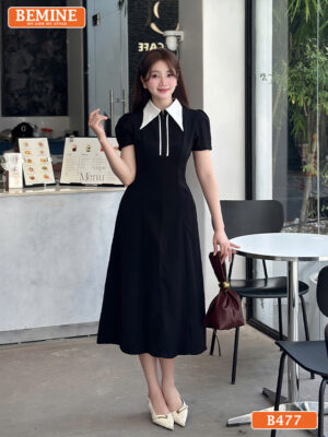 Đầm thiết kế BEMINE B477 cổ sơ mi phối khóa kéo trước.
