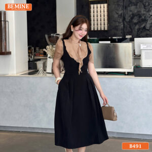 Cận cảnh chất liệu vải cao cấp của mẫu đầm BEMINE B491.