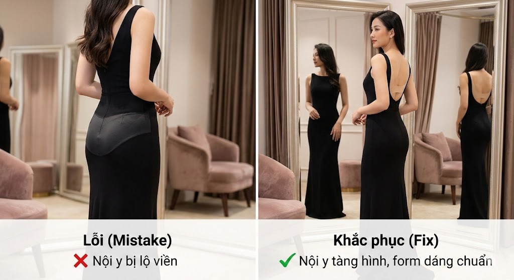 10+ Tuyệt Chiêu Phối Phụ Kiện Cho Đầm Đen Dự Tiệc Sang Trọng 4 Cô gái đang lựa chọn nội y màu nude để mặc cùng đầm đen, đảm bảo không lộ viền và nâng đỡ tốt.