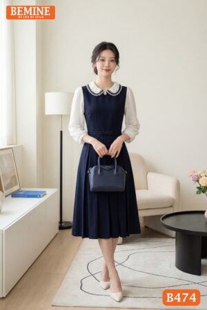 Đầm thiết kế BEMINE B448 cổ sen phối ren thêu hoa.