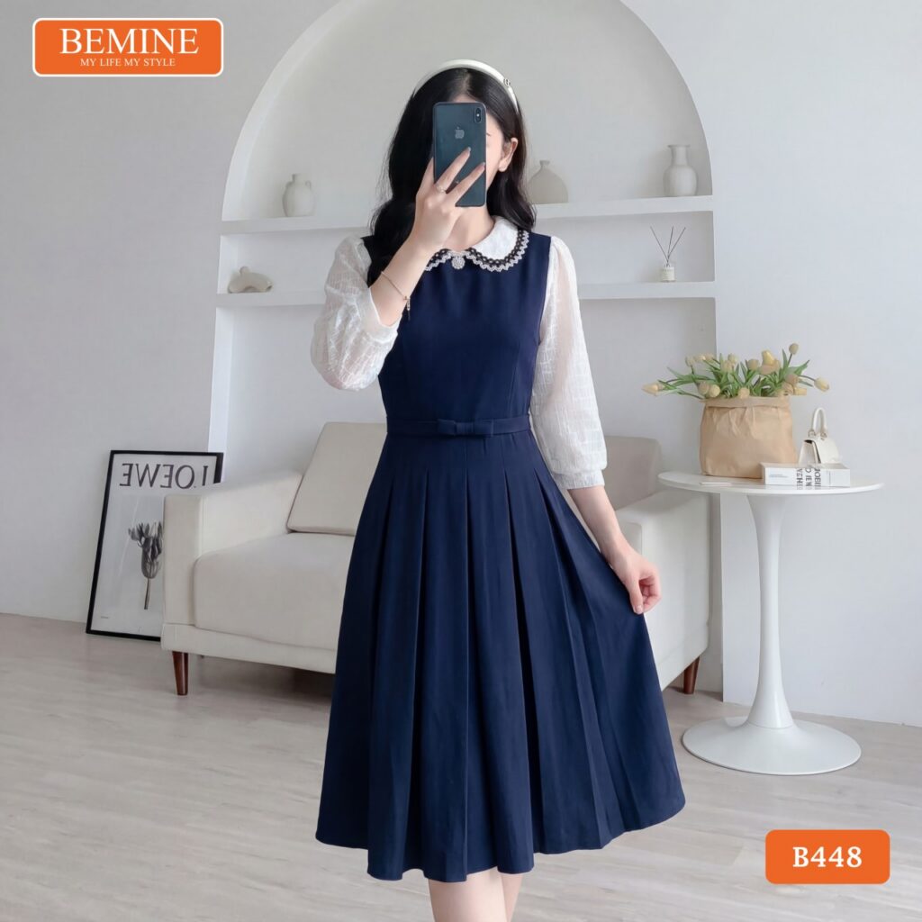 Đầm thiết kế BEMINE B448 cổ sen phối ren thanh lịch.
