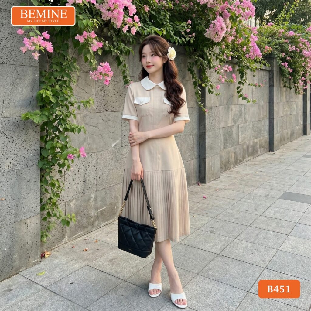 Đầm Thiết Kế BEMINE Chữ A Cổ Sen Chân Váy Xếp Ly B451 1 Mẫu đầm thiết kế BEMINE chữ a cổ sen chân váy xếp ly B451