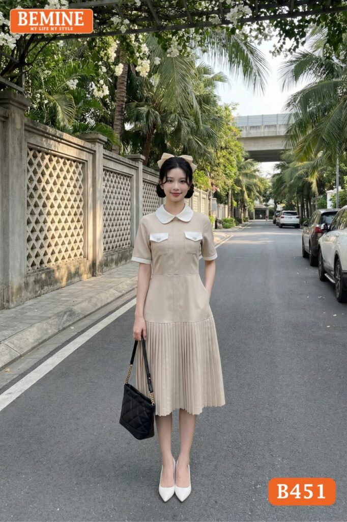 Đầm Thiết Kế BEMINE Chữ A Cổ Sen Có Túi Xếp Ly Đẹp B451